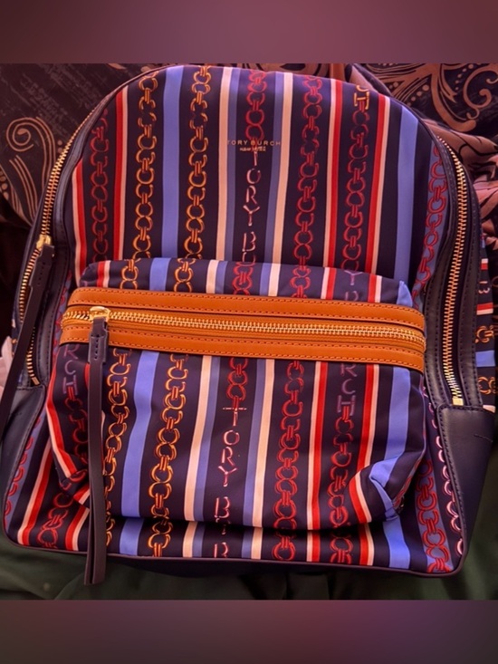 Tory Burch Navy Striped Chain-Print Mini Backpack with Tan Trim